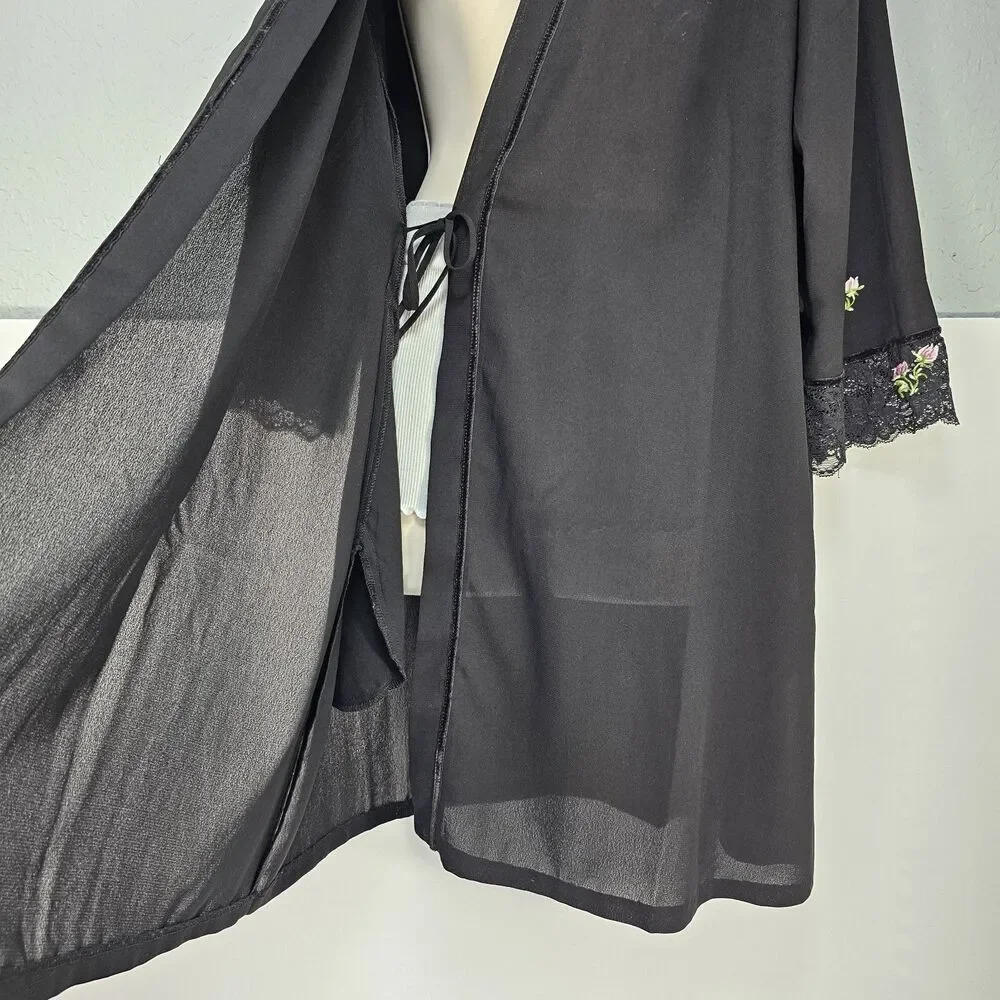 Vtg Oscar de la Renta Pink Label Black Chiffon Floral Embroidery Robe No Belt